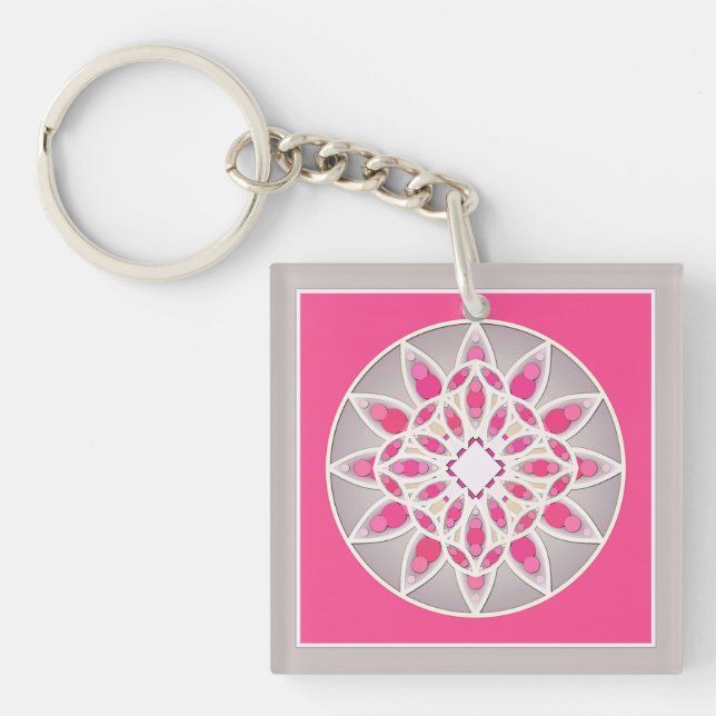 Mandala pattern in fuchsia pink, white and grey keychain (Front)