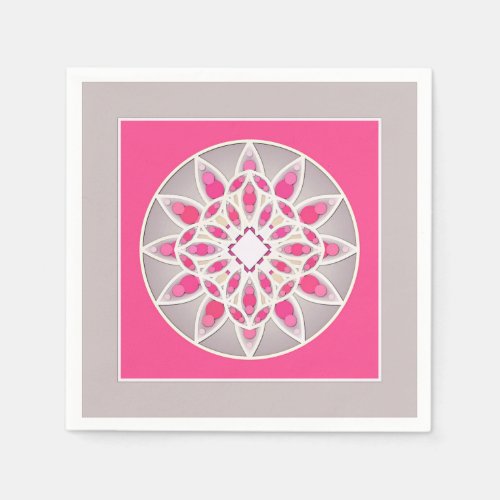 Mandala pattern in fuchsia pink white and grey napkins