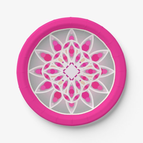 Mandala pattern in fuchsia pink white and grey paper plates
