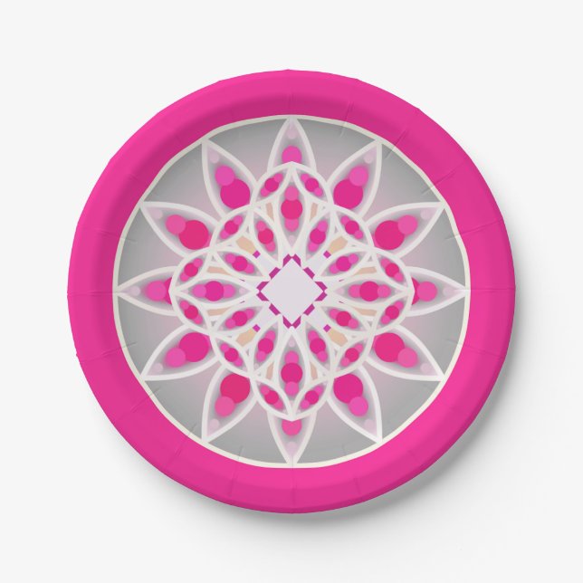 Mandala pattern in fuchsia pink, white and grey paper plates (Front)