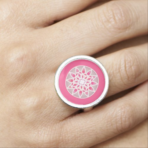 Mandala pattern in fuchsia pink white and grey ring