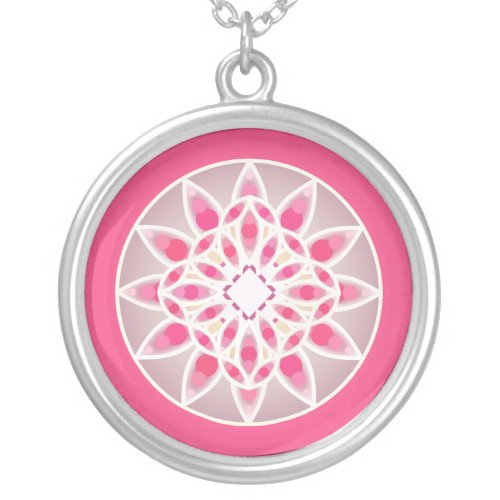 Mandala pattern in fuchsia pink white and grey silver plated necklace