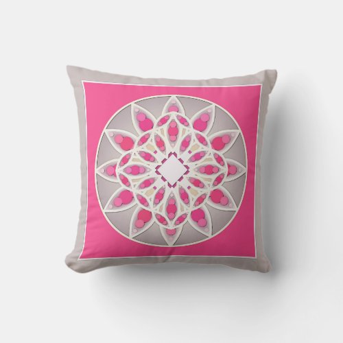 Mandala pattern in fuchsia pink white and grey throw pillow