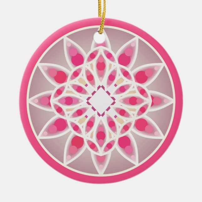 Mandala pattern in hot pink, white and gray ceramic ornament (Front)