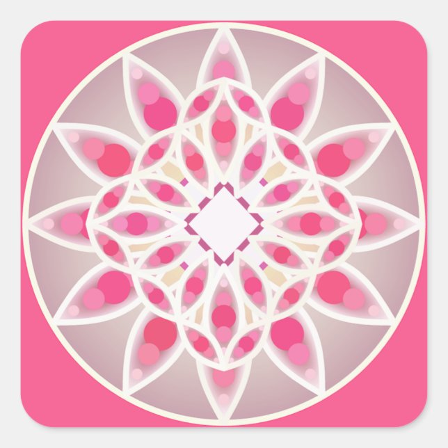 Mandala pattern in hot pink, white and gray square sticker (Front)