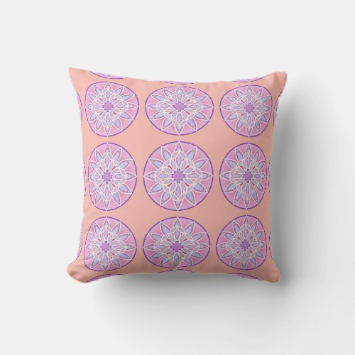 Mandala pattern in lavender orchid and coral throw pillow