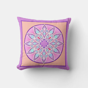 Mandala pattern in lavender, orchid and coral throw pillow