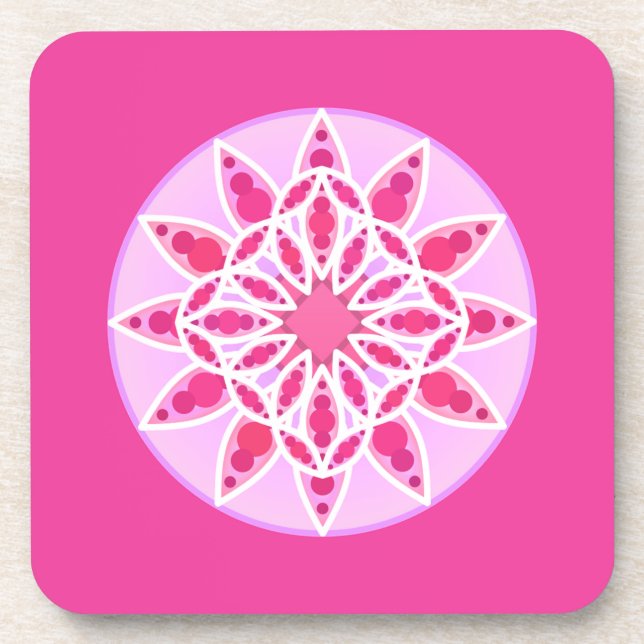 Mandala Pattern in Pink, Fuchsia and White Beverage Coaster (Front)