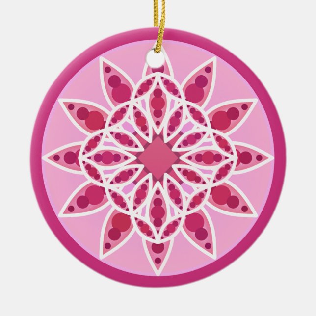 Mandala pattern in pink,  fuchsia and white ceramic ornament (Front)
