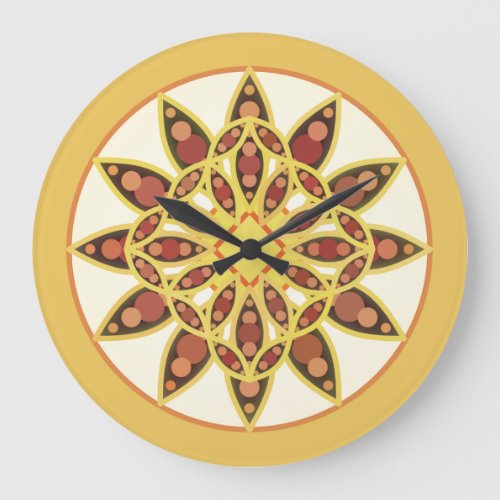 Mandala pattern in shades of chocolate and gold large clock