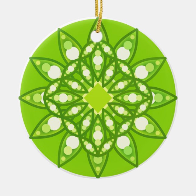 Mandala pattern in shades of lime green ceramic ornament (Front)