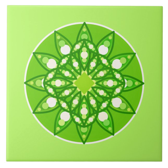 Mandala pattern in shades of lime green ceramic tile (Front)