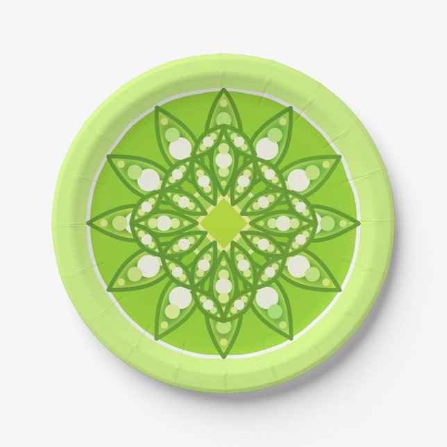 Mandala pattern in shades of lime green paper plates (Front)