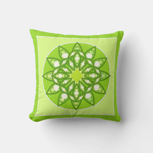 Mandala pattern in shades of lime green throw pillow