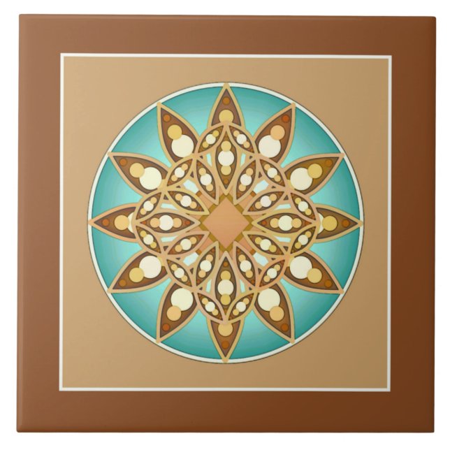 Mandala pattern in tan, cream and turquoise ceramic tile (Front)