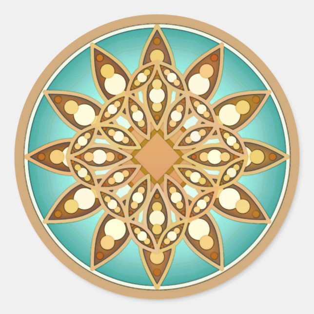 Mandala pattern in tan, cream and turquoise classic round sticker (Front)