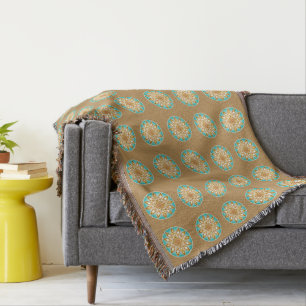 Mandala pattern in tan, cream and turquoise throw blanket