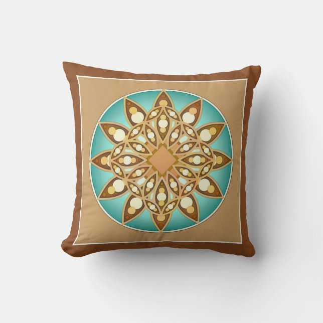 Mandala pattern in tan, cream and turquoise throw pillow (Front)