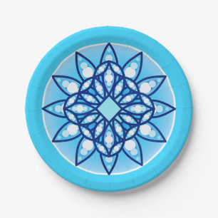 Mandala pattern in turquoise, cobalt and white paper plates