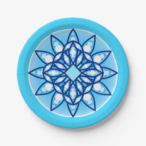 Mandala pattern in turquoise cobalt and white paper plates