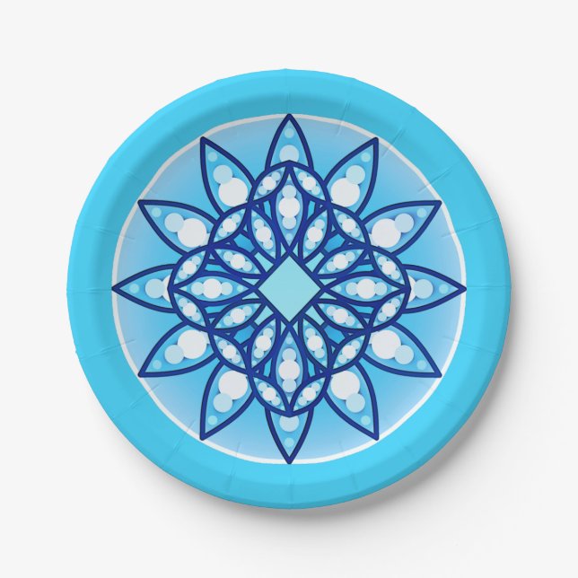 Mandala pattern in turquoise, cobalt and white paper plates (Front)