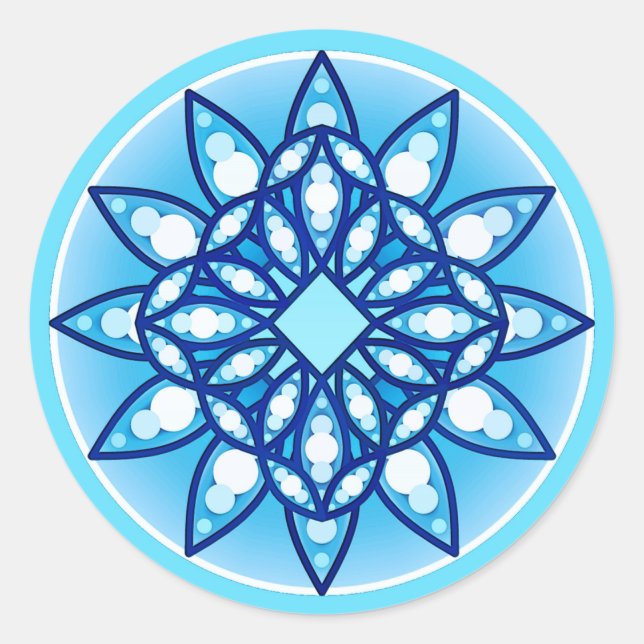 Mandala pattern in turquoise, cobalt & white classic round sticker (Front)