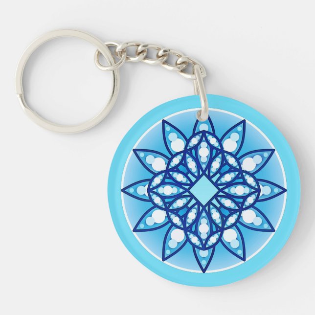 Mandala pattern in turquoise, cobalt & white keychain (Front)