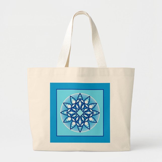 Mandala pattern in turquoise, cobalt & white large tote bag (Front)