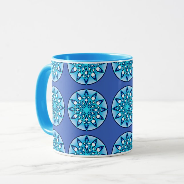 Mandala pattern in turquoise, cobalt & white mug (Front Left)