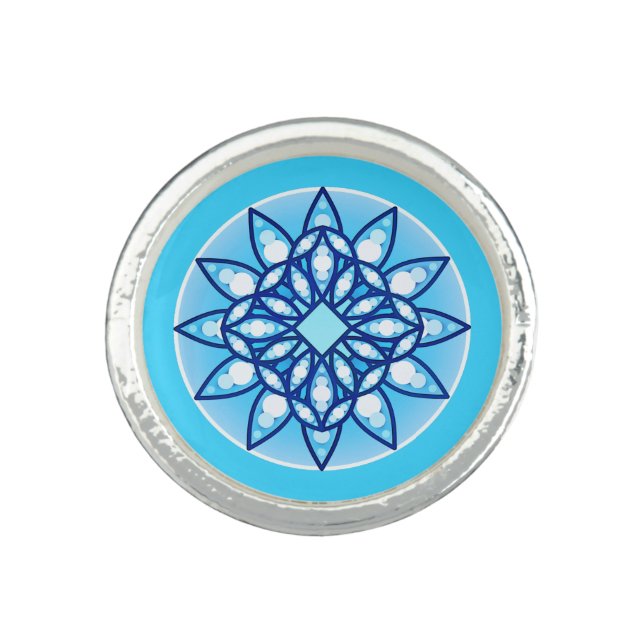 Mandala pattern in turquoise, cobalt & white ring (Front)