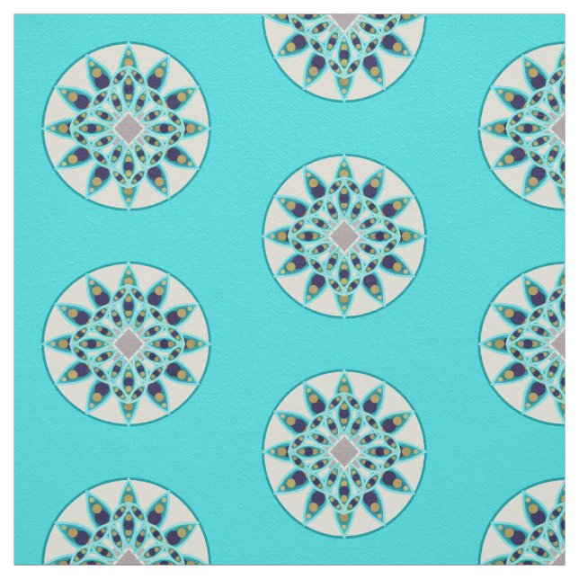 Mandala pattern in turquoise, cream, and navy fabric (Swatch)