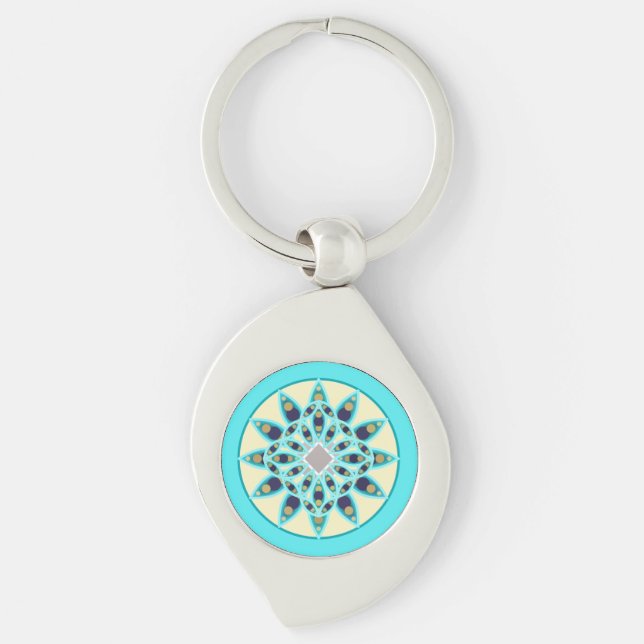 Mandala pattern in turquoise, tan and navy keychain (Front)