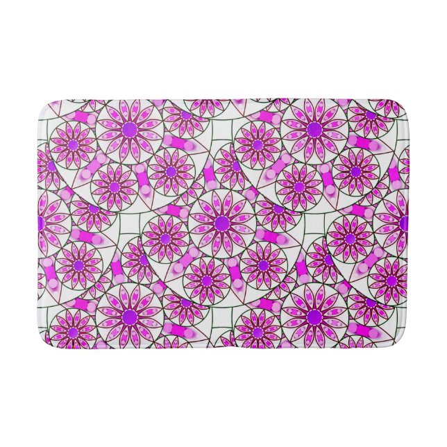 Mandala pattern, lavender, pink, hot pink, white bathroom mat (Front)