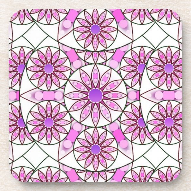 Mandala pattern, lavender, pink, hot pink, white coaster (Front)