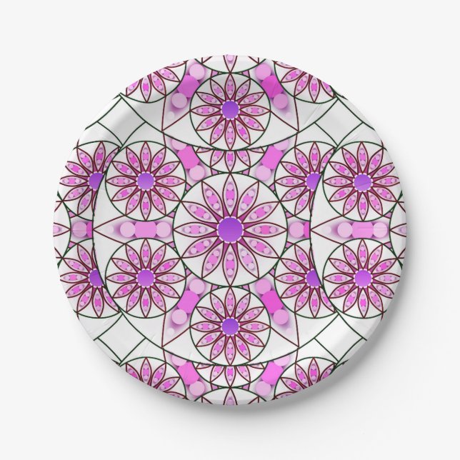 Mandala pattern, lavender, pink, hot pink, white paper plates (Front)