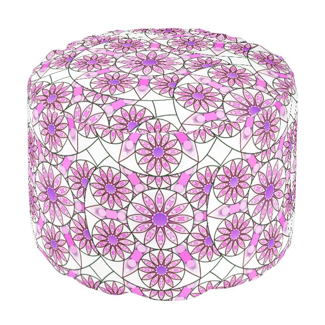 Mandala pattern, lavender, pink, hot pink, white pouf (Angled Front)