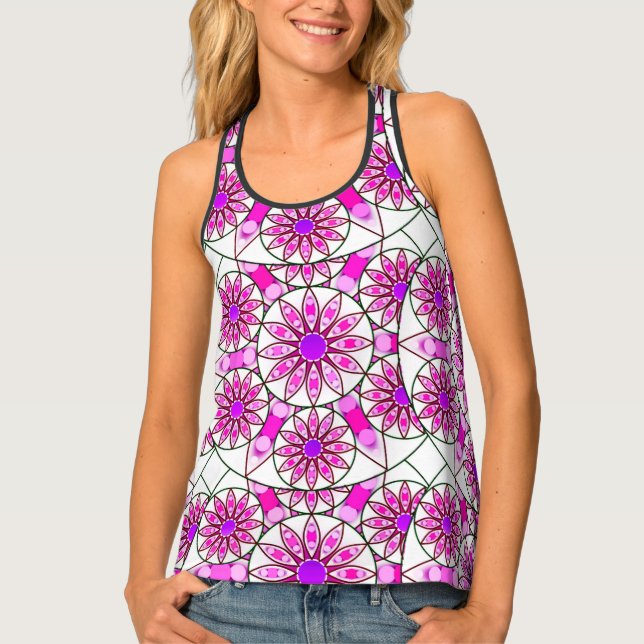 Mandala pattern, lavender, pink, hot pink, white tank top (Front)