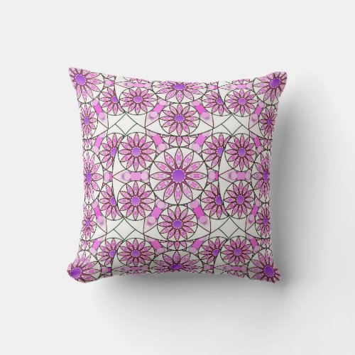 Mandala pattern lavender pink hot pink white throw pillow