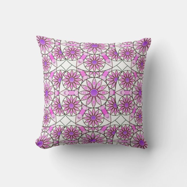 Mandala pattern, lavender, pink, hot pink, white throw pillow (Front)