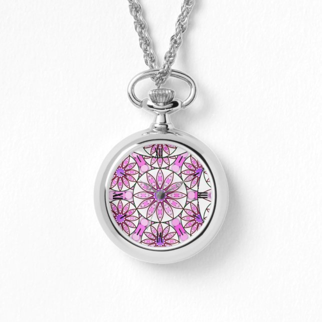 Mandala pattern, lavender, pink, hot pink, white watch (Front)