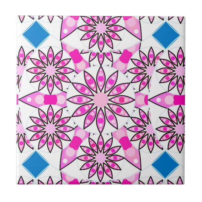 Mandala pattern, pink, hot pink, cobalt blue ceramic tile (Front)
