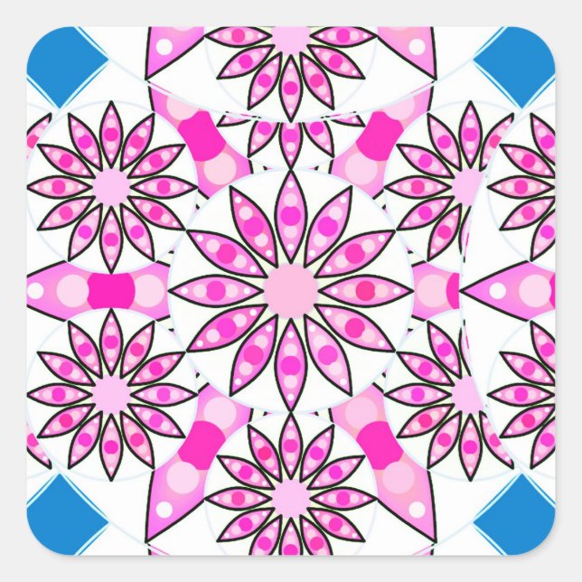Mandala pattern, pink, hot pink, cobalt blue square sticker (Front)