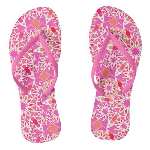 Mandala pattern shades of pink and coral flip flops