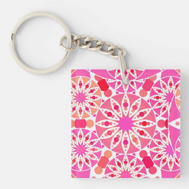 Mandala pattern, shades of pink and coral keychain (Front)