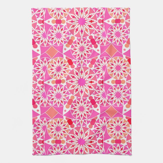 Mandala pattern, shades of pink and coral kitchen towel (Vertical)
