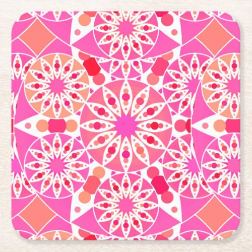 Mandala pattern shades of pink and coral square paper coaster