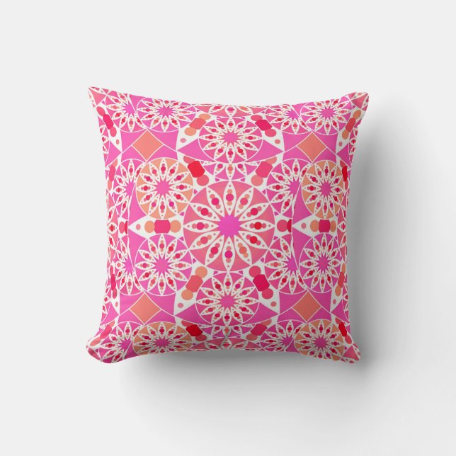 Mandala pattern, shades of pink and coral throw pillow (Front)