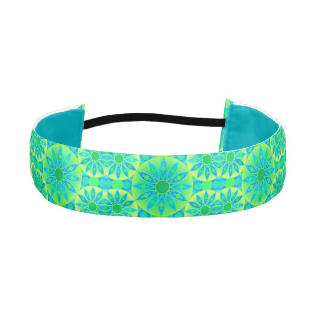 Mandala pattern, turquoise, blue, lime green athletic headband (Front)