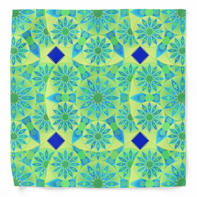 Mandala pattern, turquoise, blue, lime green bandana (Front)