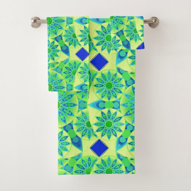 Mandala Pattern, Turquoise, Blue, Lime Green Bath Towel Set (Insitu)